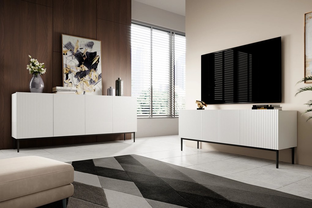 Comodă Nicole 200 cm cu patru uși, fronturi riflate - alb mat / picioare negre