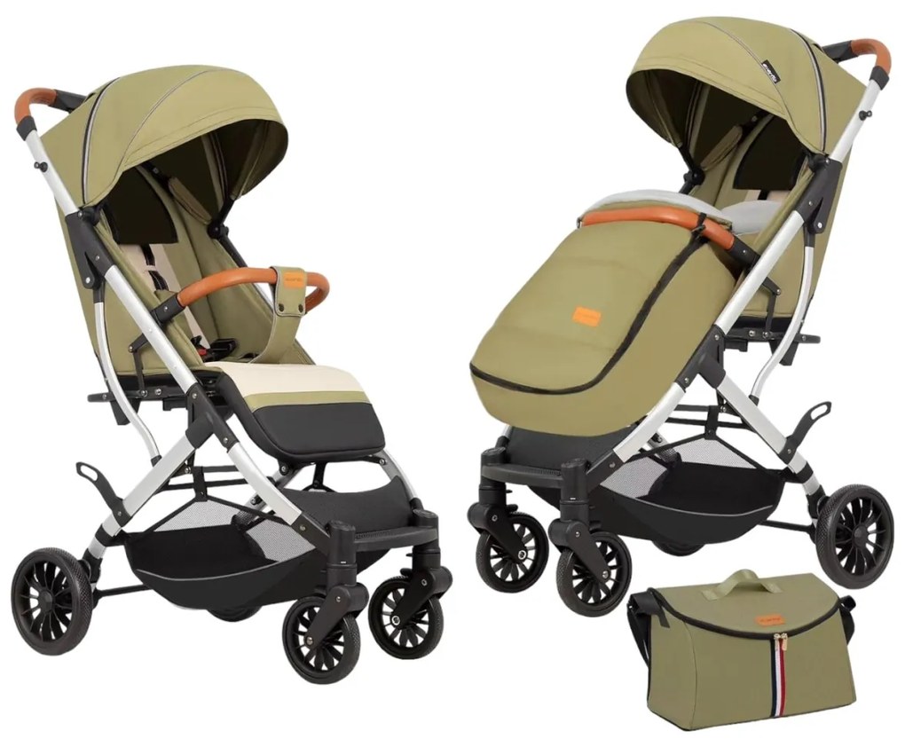Carucior sport cu functie de pliere tip troller, sezut reglabil, husa pentru picioare si geanta 6-36 luni, Verde - CPC-62-verde