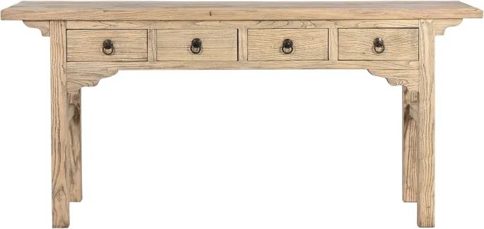 Consolă hol în stil etnic, din lemn de ulm, natur, cu 4 sertare, colțare decupate și mânere cu inel, 85 x 178 x 38 cm, „Étable”
