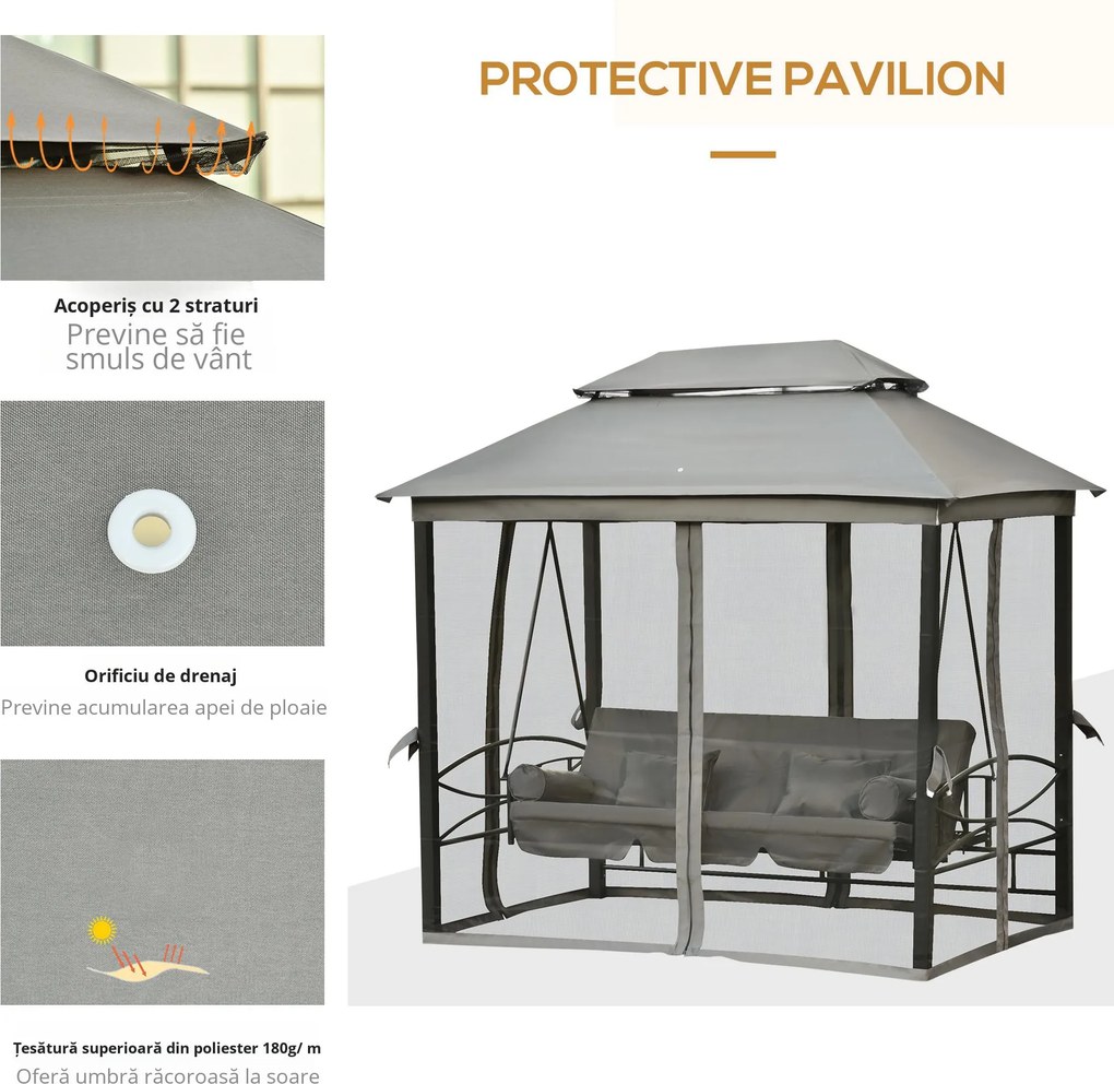 Outsunny Balansoar 3 Posti si Sezlong cu Copertina tip Foisor cu Plasa Impotriva Tantarilor si Perne, Gri Inchis 256x172x248cm