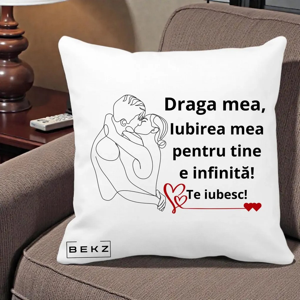 Cadou pentru Iubita - Perna Personalizata Draga Mea Iubirea Mea pentru Tine e Infinita Te Iubesc, 40x40 cm, Alba Mata, Husa Detasabila, Perna Inclusa, BEKZ®