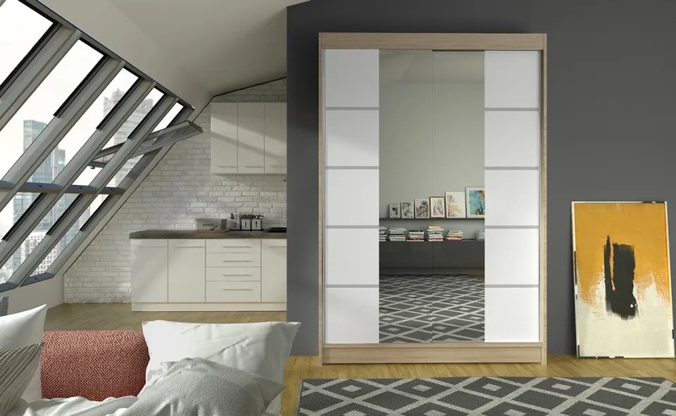 Dulap Dormitor Genua ADRK 120 x 200 cm cu Uși Glisante și Oglindă | Design Modern | Spații de Depozitare Generoase (Culoare: Alb / Sonoma)