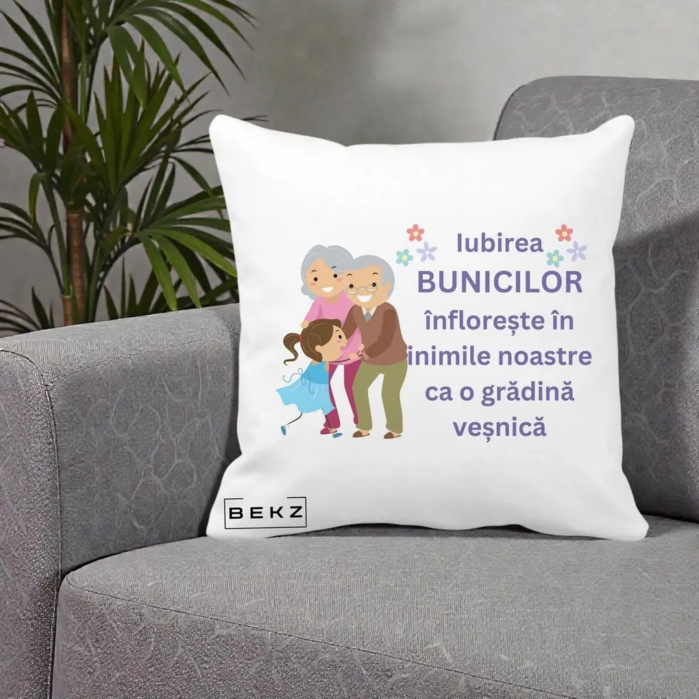 Perna personalizata bunici: Iubirea bunicilor, cu nepoata, text mov, 40x40 cm cu Umplutura, Alb Mat, BEKZ