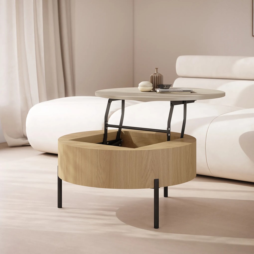 Mazzoni FRIDA Bej (Șampanie) / Stejar Oasis – MĂSUȚĂ DE CAFEA MODERNĂ CU BLAT RABATABIL ȘI SPAȚIU DE DEPOZITARE