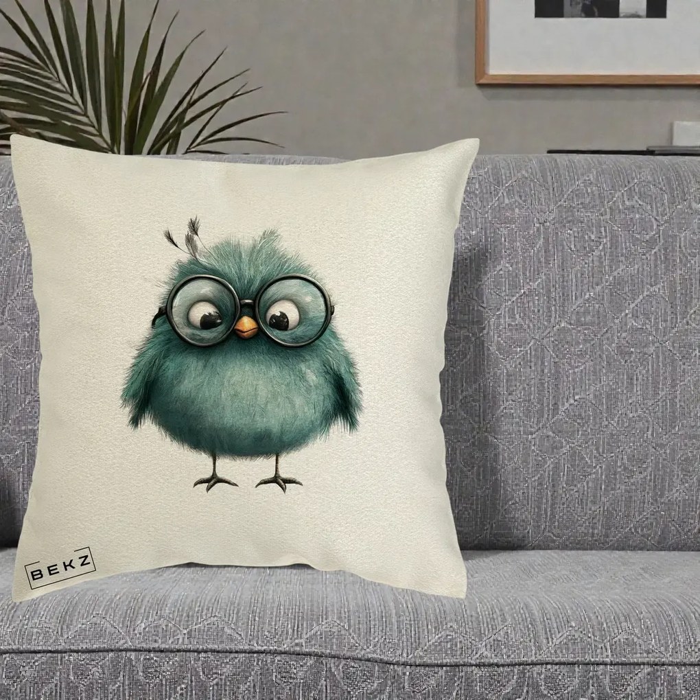 Perna Decorativa Pui Teal cu Ochelari Rotunzi, 40x40 cm, Ecru, Husa Detasabila, Perna Inclusa, BEKZ®