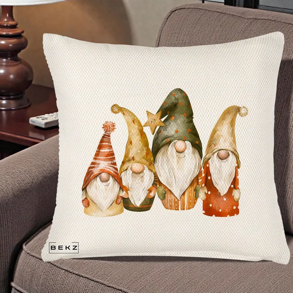 Perna Decorativa Gnomi de Craciun Patru, 40x40 cm, Crem Reliefat, Husa Detasabila, Perna Inclusa, BEKZ®