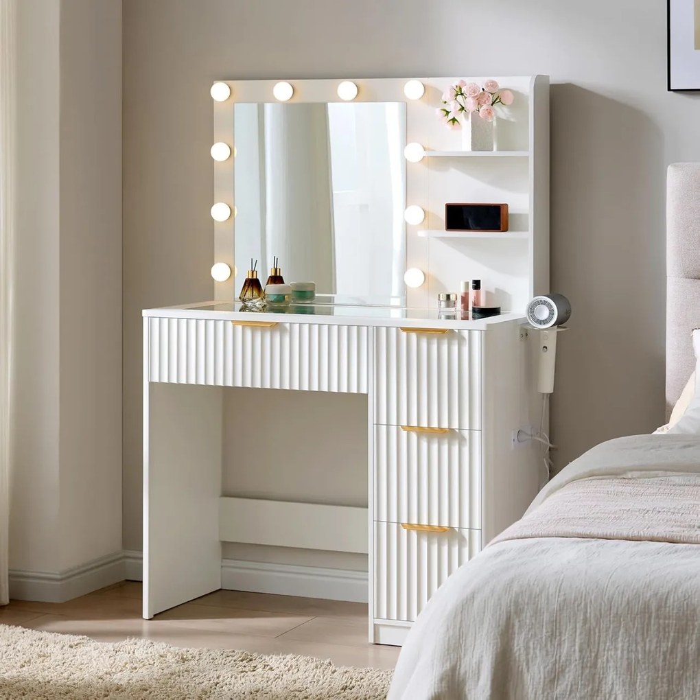 Masuta machiaj 92 cm, Alba sau Maro cu Oglinda LED si 4 Sertare pentru Cosmetice, Set Masa toaleta cu 2 Prize, USB si USB-C, masuta cosmetica, vanity