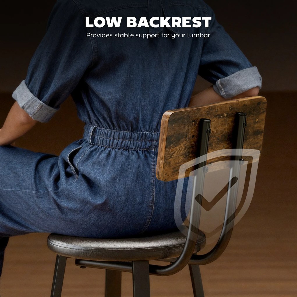 HOMCOM Set de 2 Scaune de Bar Captușite cu Spătar și Suport pentru Picioare - Maro Rustic și Negru | Aosom Romania