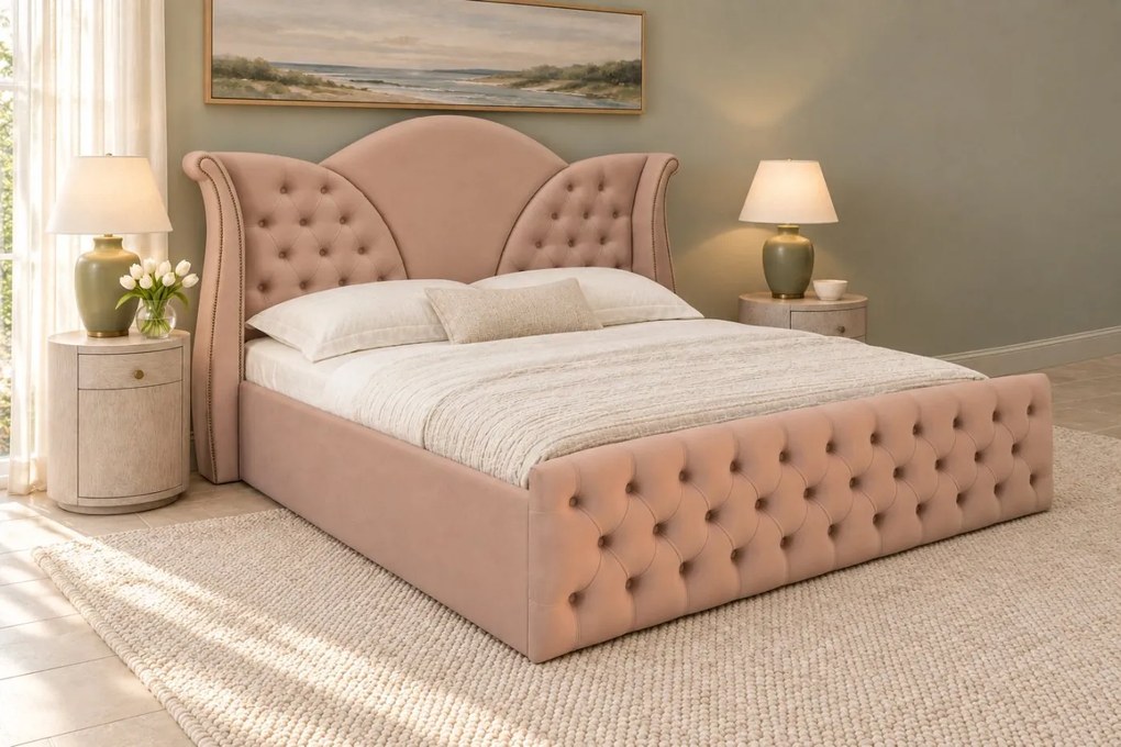 Pat tapițat Chesterfield din catifea Velora 160×200 cm, cappuccino, cu ladă de depozitare