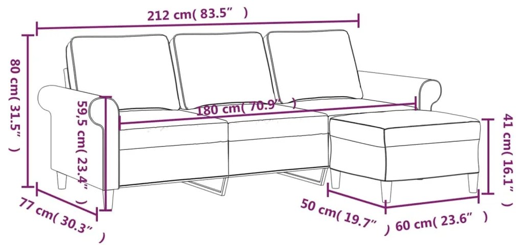 Canapea cu 3 locuri cu taburet, crem, 180 cm, material textil Crem, 212 x 77 x 80 cm