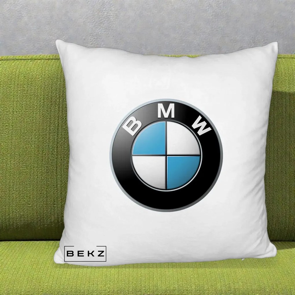Perna Personalizata cu emblema BMW, 40x40 cm, Alb Pufos, Husa Detasabila, Perna Inclusa, BEKZ®