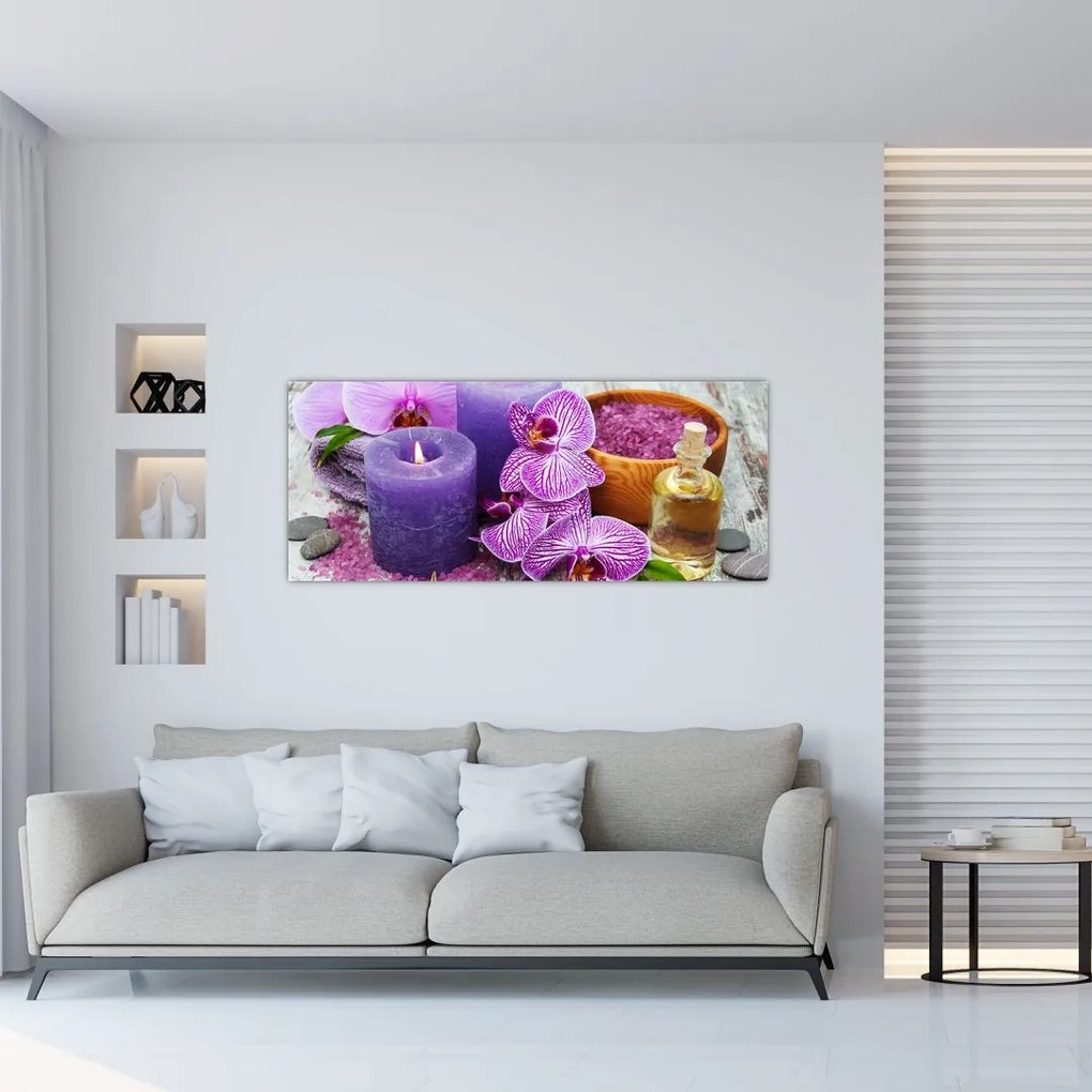 Tablou cu orhidee și lumănări (120x50 cm)