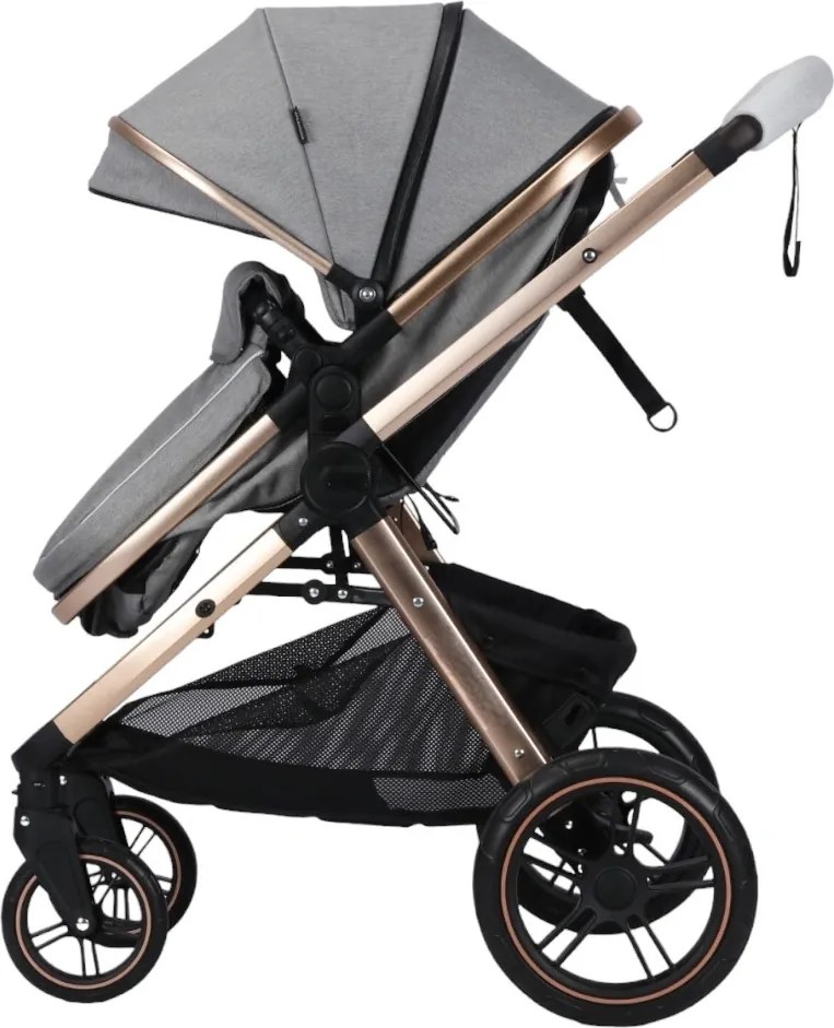 Carucior nou nascuti 2 in 1 NOVOKIDS™ X2000 series, Cu geanta bebe, Cadru Aluminiu Gold, Amortizoare, Roti din cauciuc plin AVE, Landou, Spatar