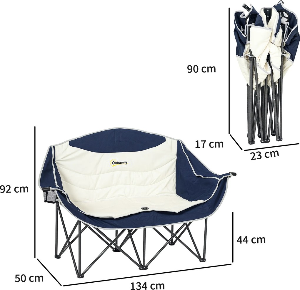 Outsunny Scaun pliant pliabil 2 locuri Scaun camping cu suport pentru băuturi Geantă de transport până la 250 kg Albastru | Aosom Romania