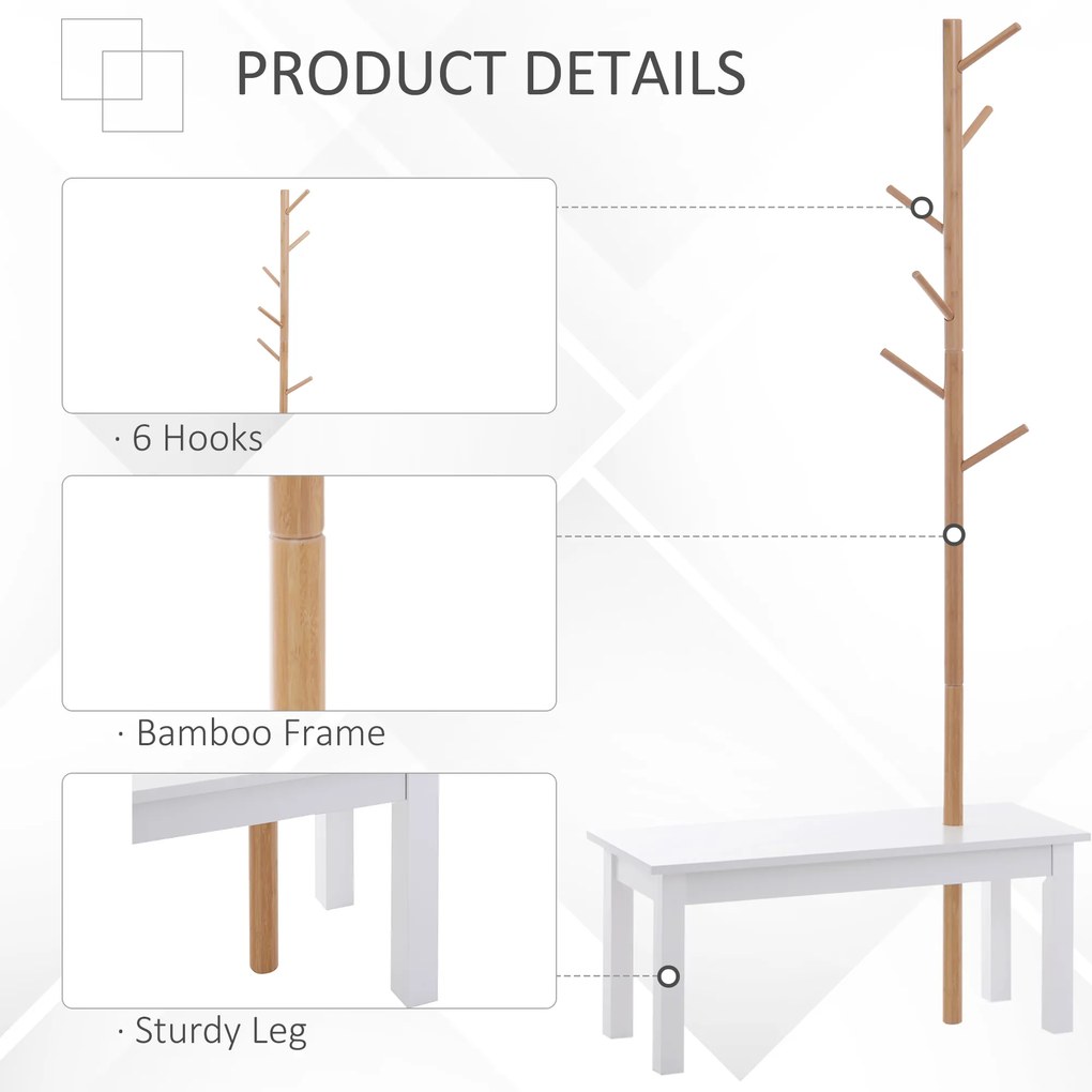 HOMCOM Bancă hol, cu un Cuier în Bambus, Design Modern, Spațiu de Depozitare, Alb și Lemn, 80x30x180 cm | Aosom Romania
