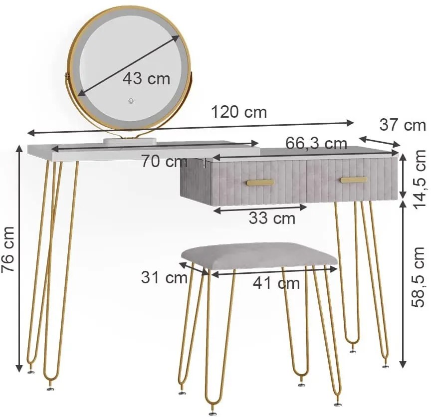 SEA393 - Set Masa toaleta, 120 cm, cosmetica machiaj, oglinda cu LED, masuta vanity, scaun tapitat - Alb-Auriu-Gri