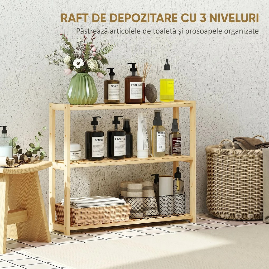 HOMCOM Etajeră de Baie cu 3 Rafturi Reglabile pe 5 Nivele, Dulap de Depozitare din Bambus, 60x15x50 cm, Lemn Natural | Aosom Romania