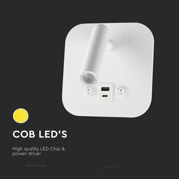 Aplică LED de perete cu port USB, 8W, 230V, 3000K, alb