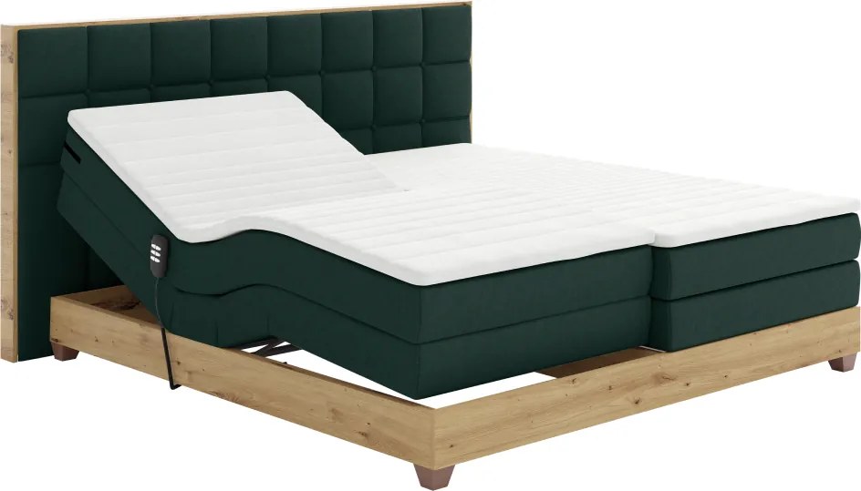 Pat electric reglabil, boxspring, verde/stejar artizanal, 180x200, TIANA