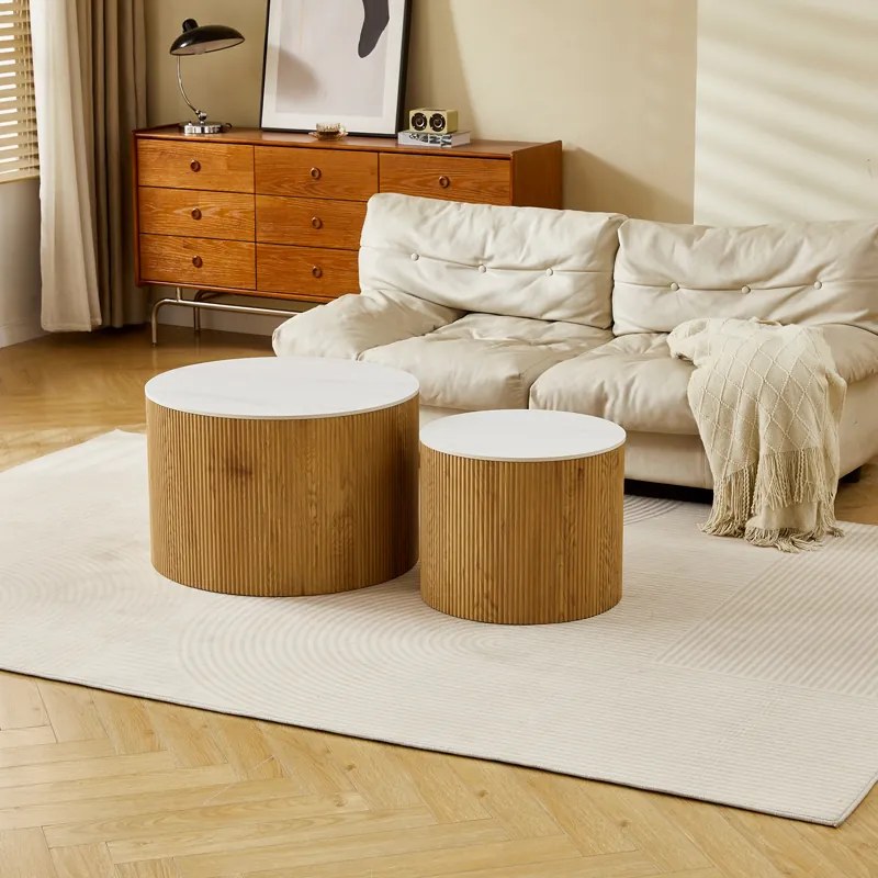 Masuta De Cafea Set 2 Bucati Telora MDF Stejar - Suprafata Ceramica Aspect Marmura