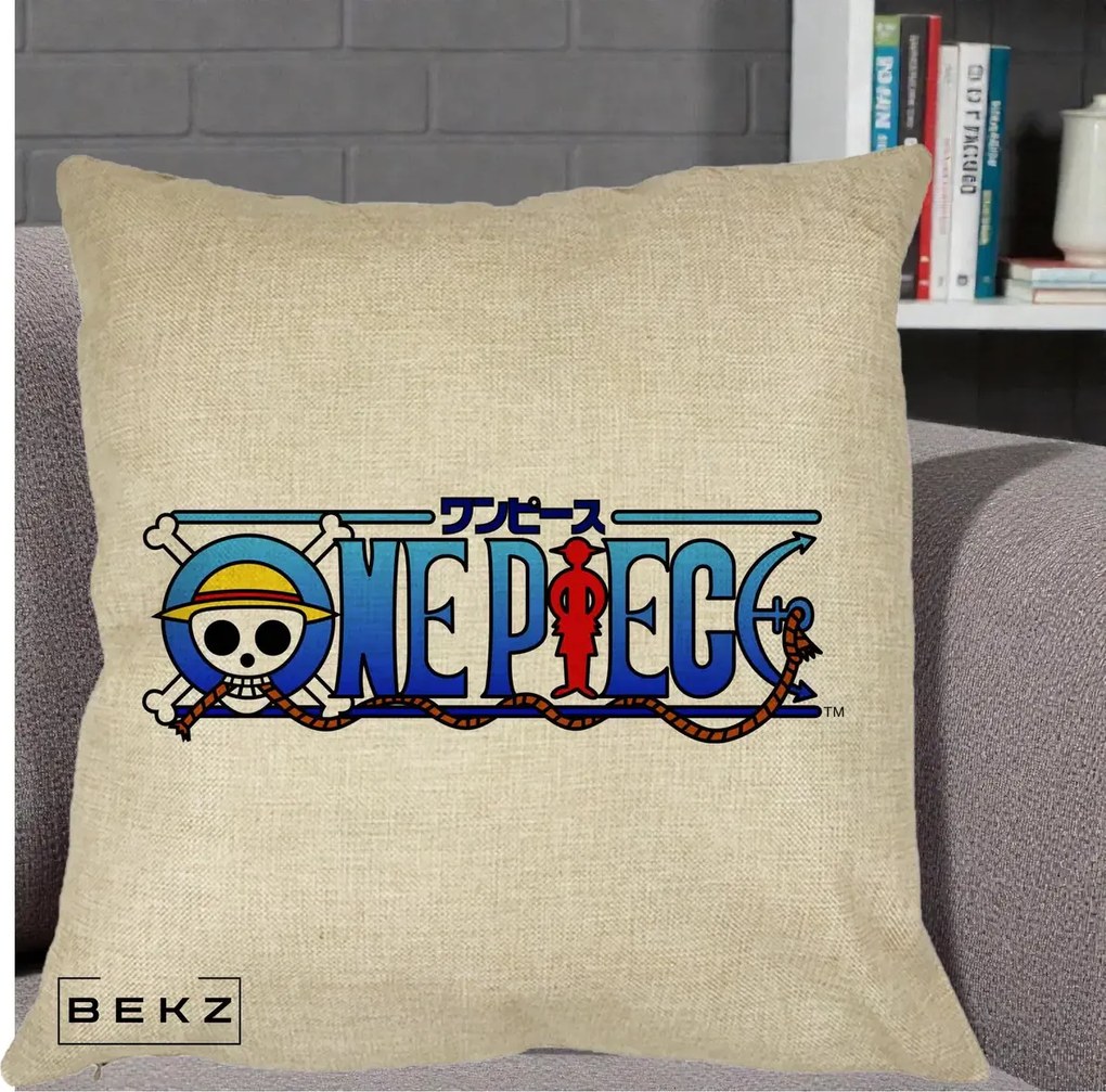 Perna Personalizata One Piece Clasic Albastru, 40x40 cm, Crem, Husa Detasabila, Perna Inclusa, BEKZ®