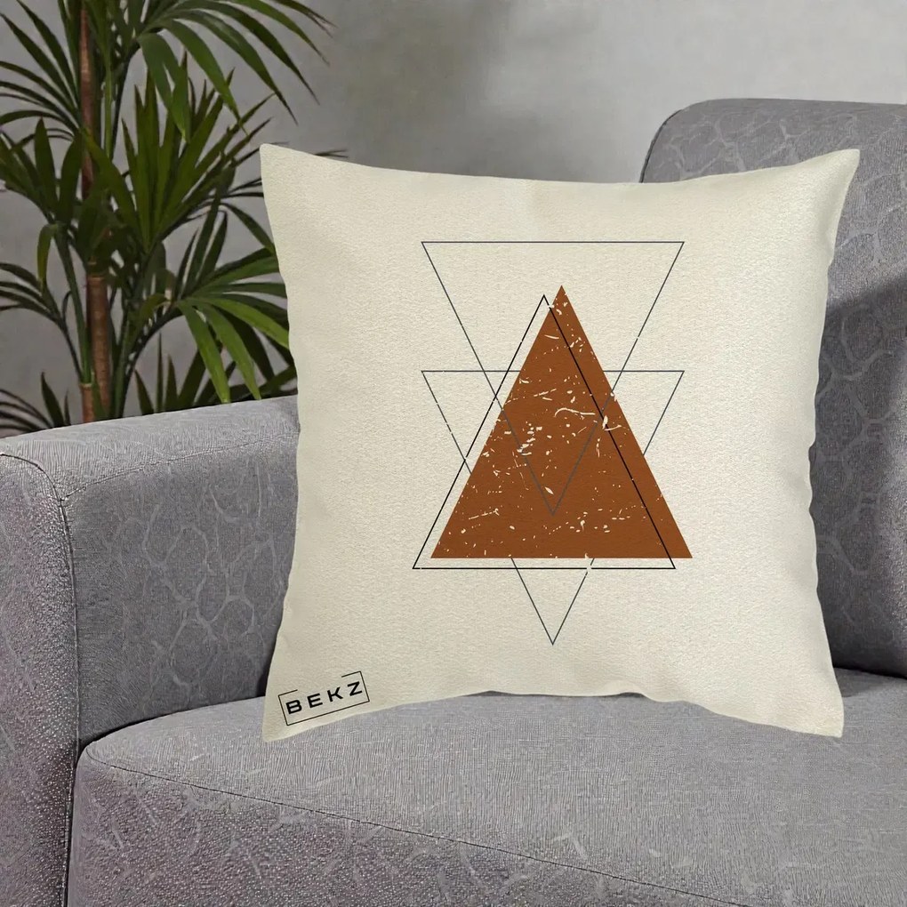 Perna Decorativa Geometric Triunghiuri Sacred, 40x40 cm, Ecru, Husa Detasabila, Perna Inclusa, BEKZ®