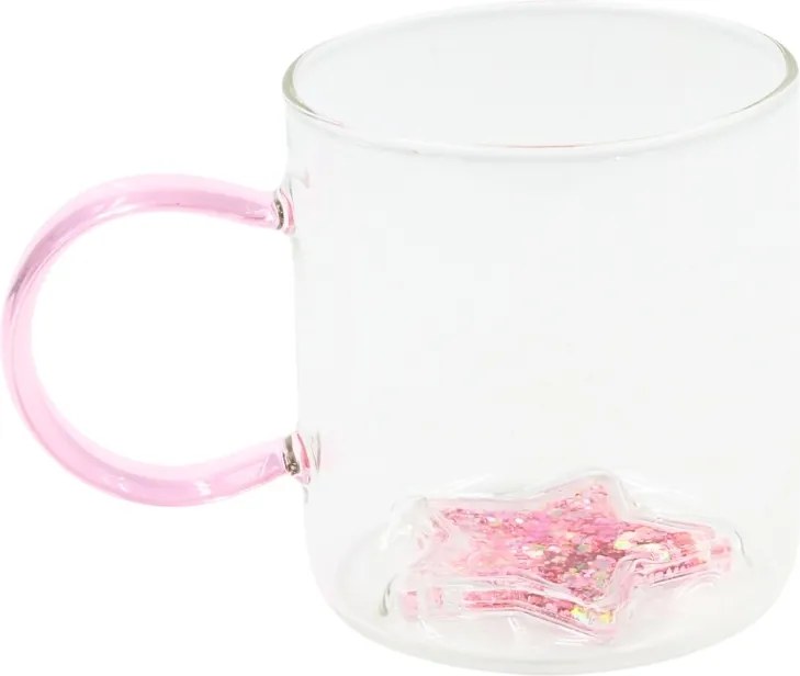 Cană cu model 3D steluță roz, pereți dubli, sticlă borosilicată și inserție de sclipici, 300 ml, Aurora Glow