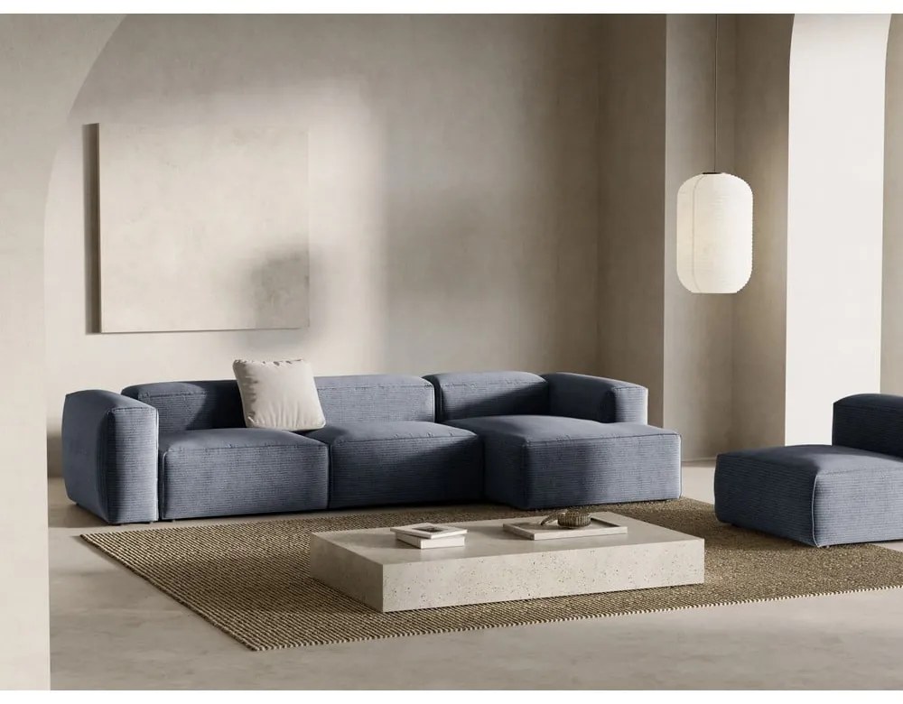 Colțar albastru prăfuit cu tapițerie din catifea reiată (cu colț pe partea dreaptă/cu șezlong) Bergamo – Cosmopolitan Design