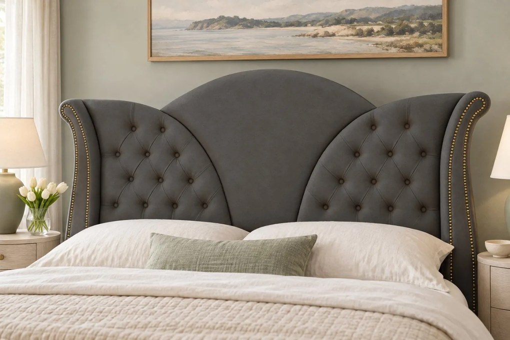 Pat tapițat Chesterfield din catifea Velora 140×200 cm, gri închis, cu ladă de depozitare