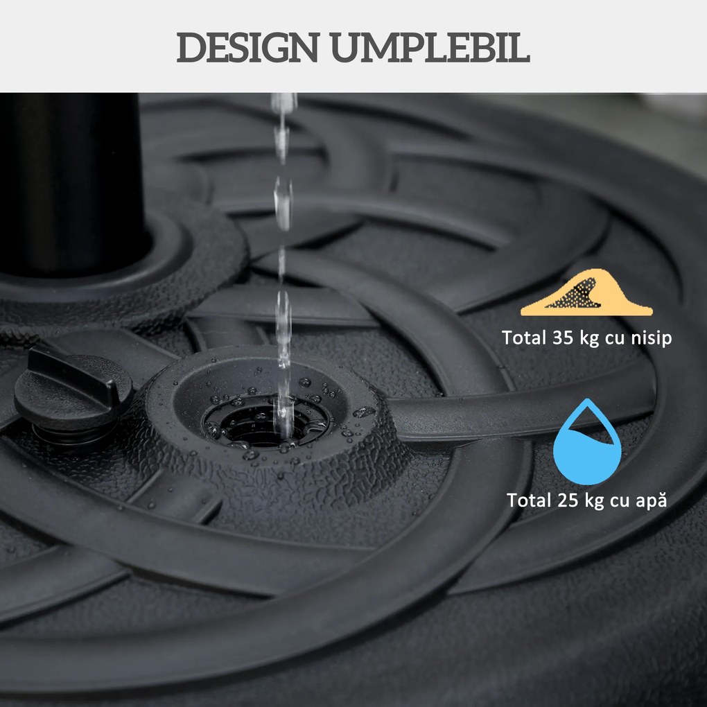 Outsunny Bază pentru Umbrele cu Stâlpi Ø38/48mm și Umplere cu 25 kg de Apă sau 35 kg de Nisip, Ø56x30.5 cm, Negru | Aosom Romania