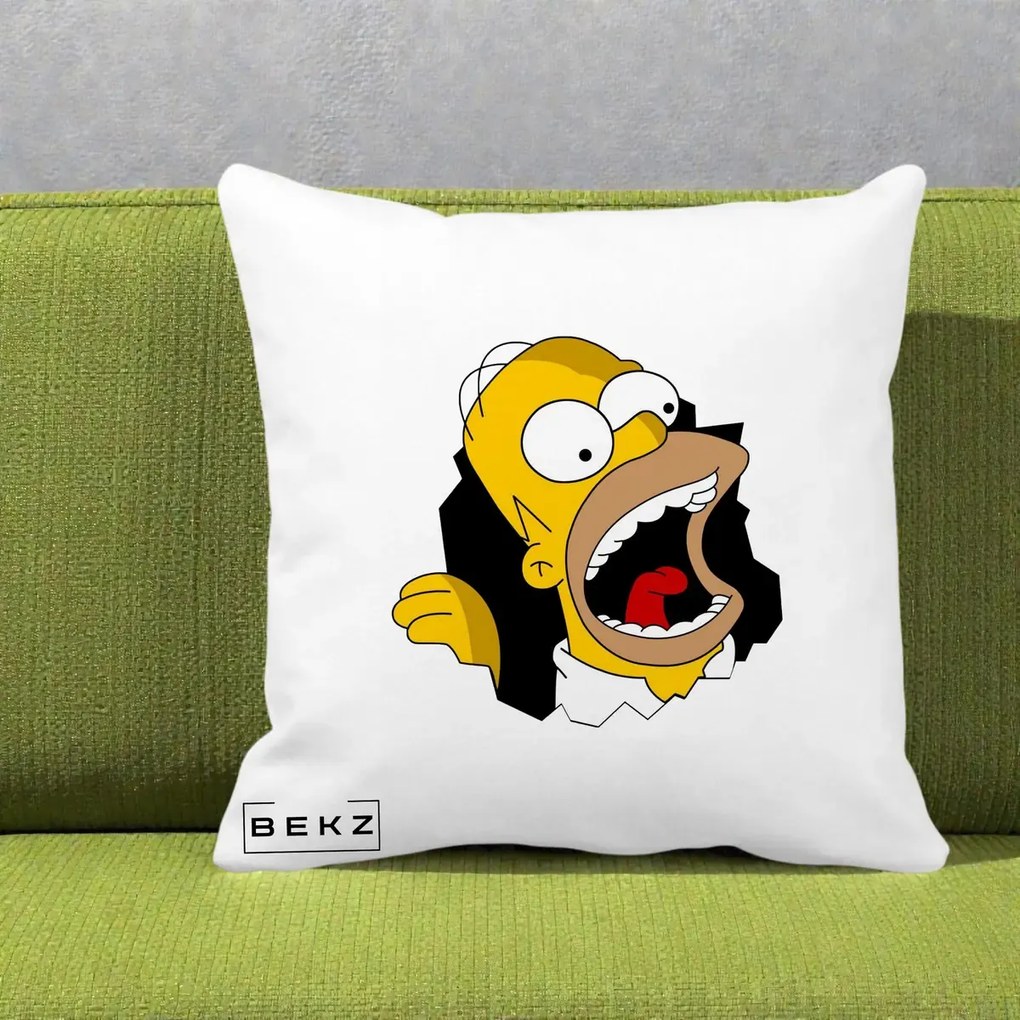Perna Personalizata Homer Simpson Surpriza, 40x40 cm, Alba Mata, Husa Detasabila, Perna Inclusa, BEKZ®