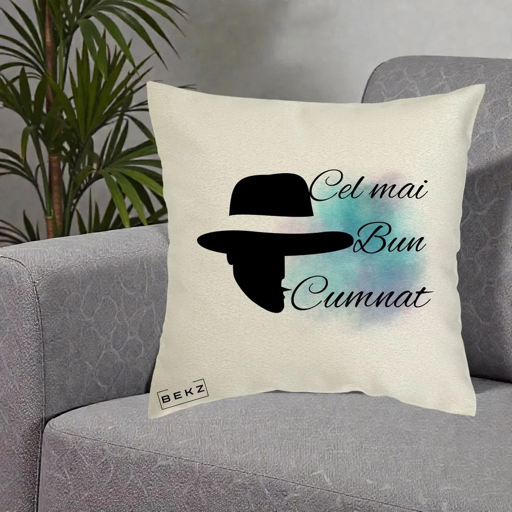 Cadou pentru Cumnat - Perna Personalizata Cel mai Bun Cumnat cu Silueta Palarie si Pete Teal-Roz, 40x40 cm, Ecru, Husa Detasabila, Perna Inclusa, BEKZ®