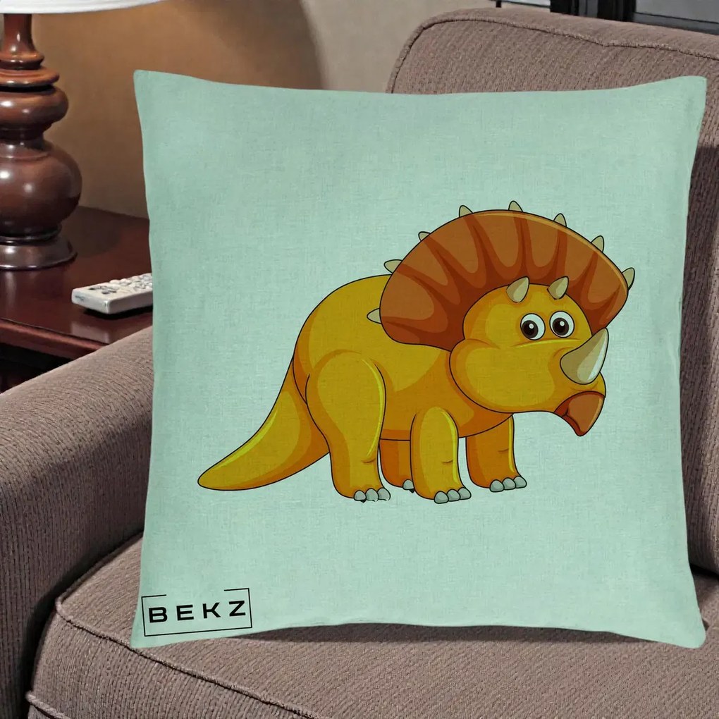 Perna Decorativa Triceratops Portocaliu, 40x40 cm, Verde Menta, Husa Detasabila, Perna Inclusa, BEKZ®