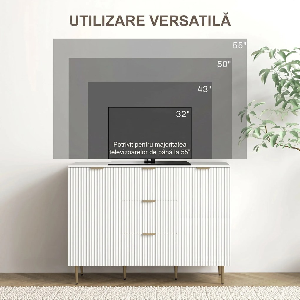 HOMCOM Dulap de Depozitare pentru Bucatarie cu 3 Sertare, Rafturi Reglabile și Picioare Metalice, 120x40x89,5 cm, Alb | Aosom Romania