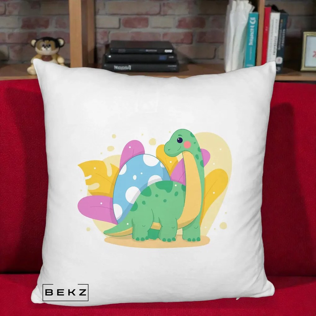 Perna Personalizata Dinozaur cu Ou Pastelat, 40x40 cm, Alb Pufos, Husa Detasabila, Perna Inclusa, BEKZ®