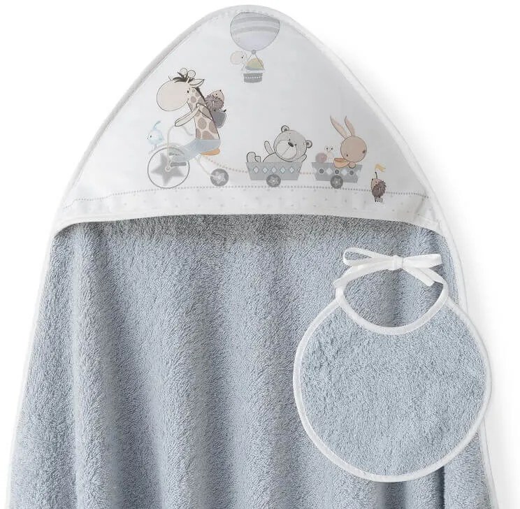 Set cadou pentru bebelusi cu prosop de baie si bavetica gri Inter Baby - model animalute