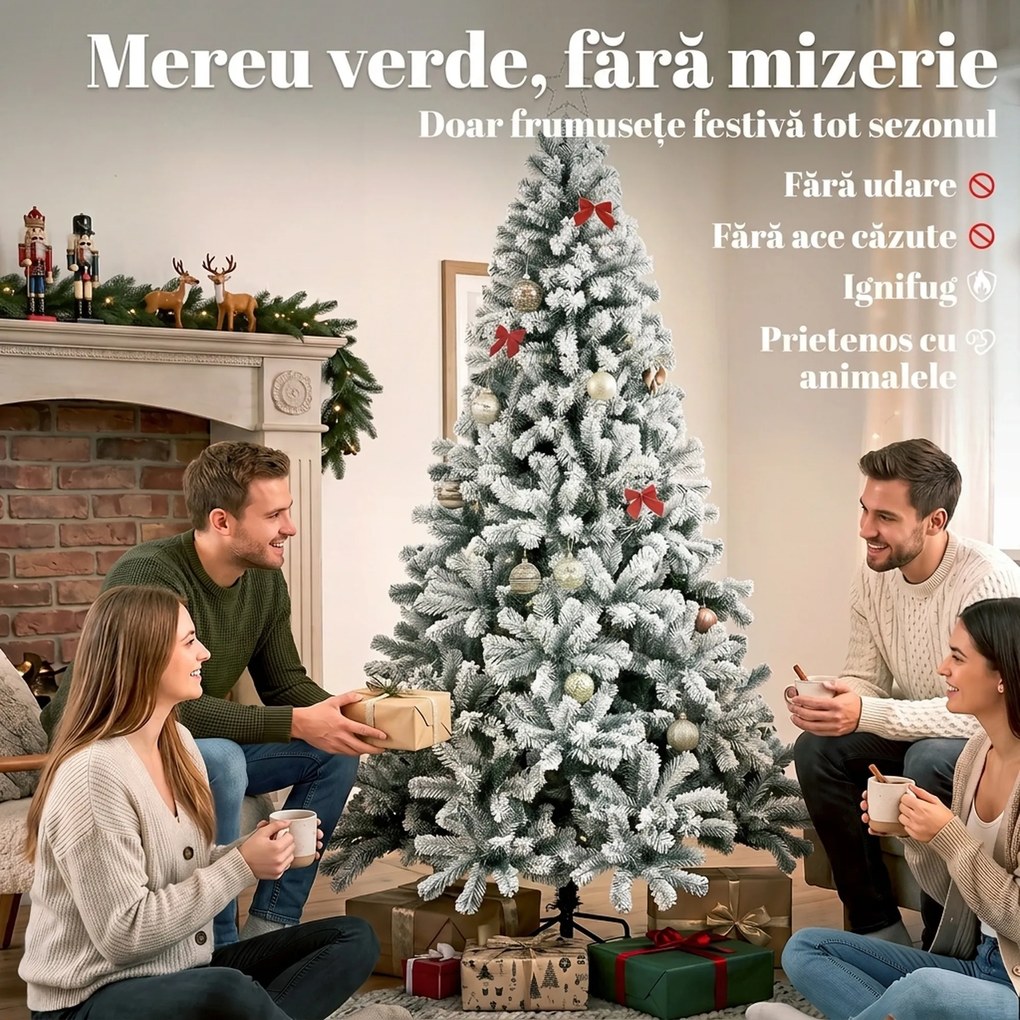 HOMCOM Brad Artificial de Crăciun 180 cm cu 650 Ramuri Ignifuge, Efect Înzăpezit Realist și Bază din Oțel, Verde și Alb | Aosom Romania