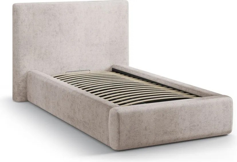 Pat bej tapițat cu spațiu de depozitare cu somieră 90x200 cm Amy – Micadoni