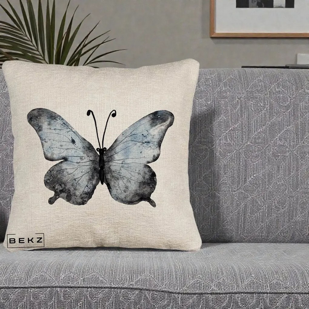 Perna Decorativa Fluture Acuarela Albastru-Gri, 40x40 cm, Bej Canapea, Husa Detasabila, Perna Inclusa, BEKZ®