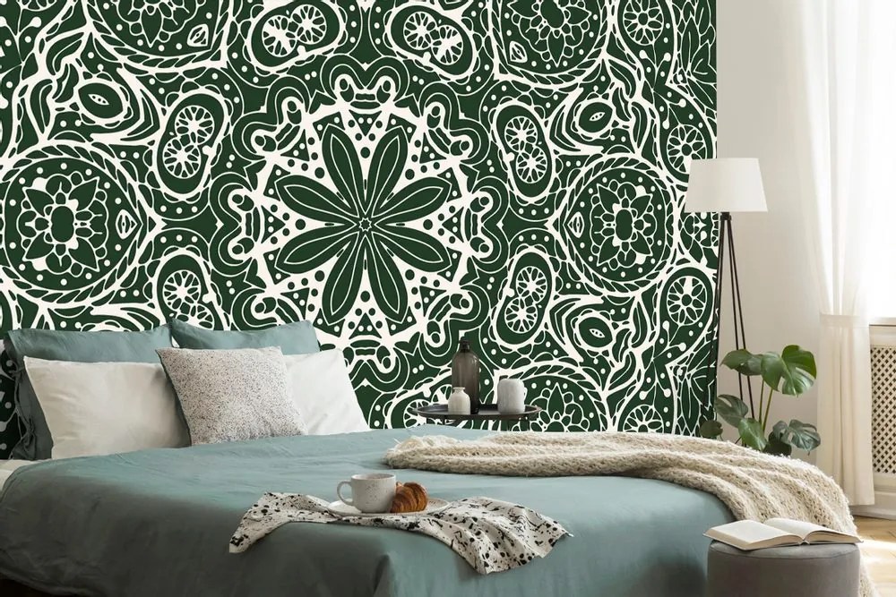 Tapet autoadeziv Mandala albă pe un fundal verde