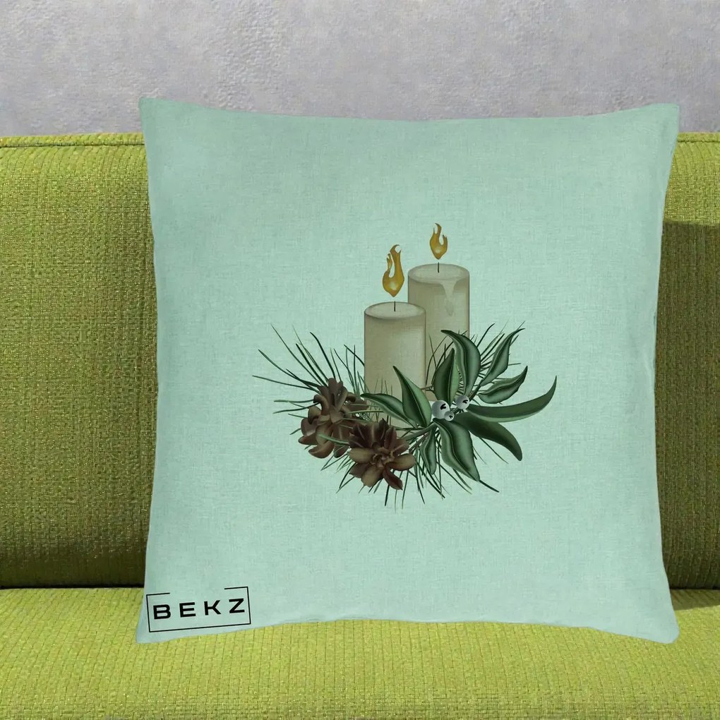 Perna Decorativa Lumanari cu Ilex si Conuri Ilustratie, 40x40 cm, Verde Menta, Husa Detasabila, Perna Inclusa, BEKZ®