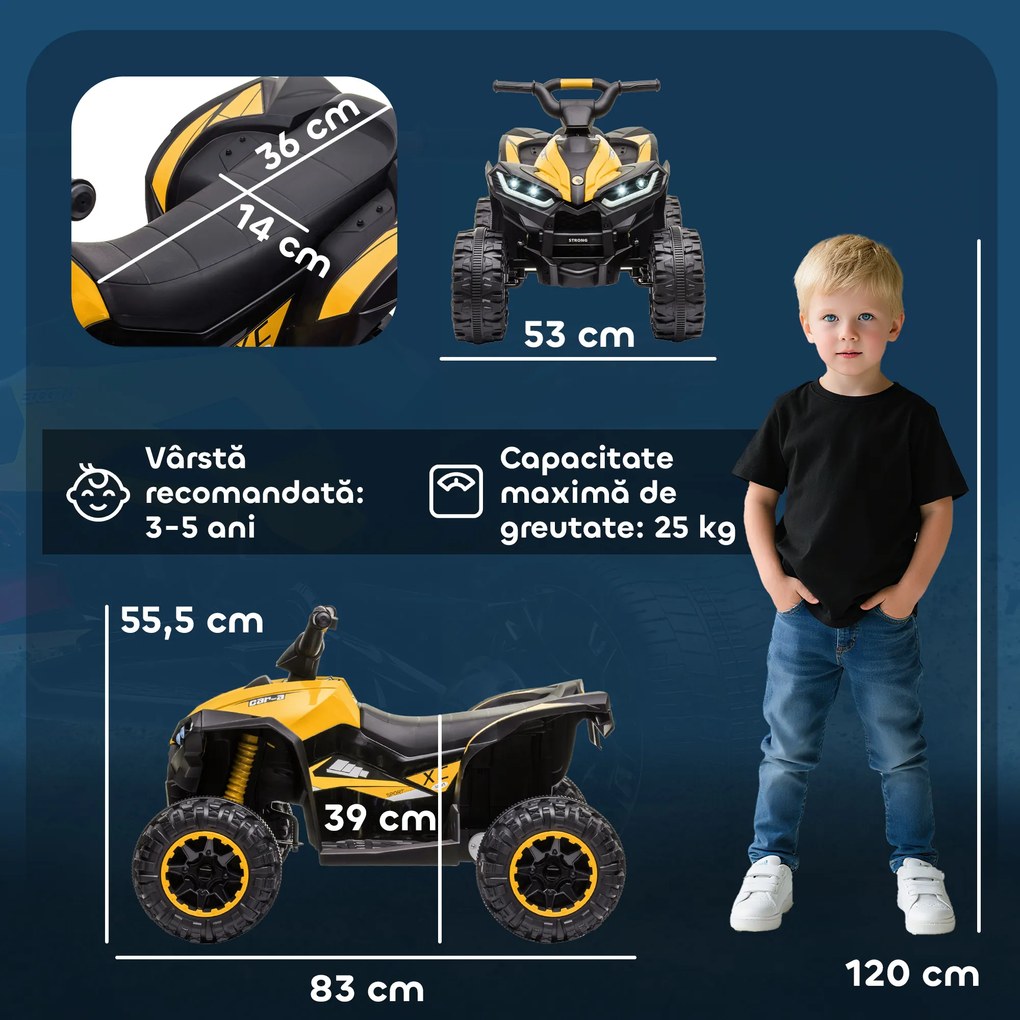 HOMCOM ATV Electric Copii Galben 3-5 ani cu muzica faruri LED cauciucuri late claxon masina | Aosom Romania