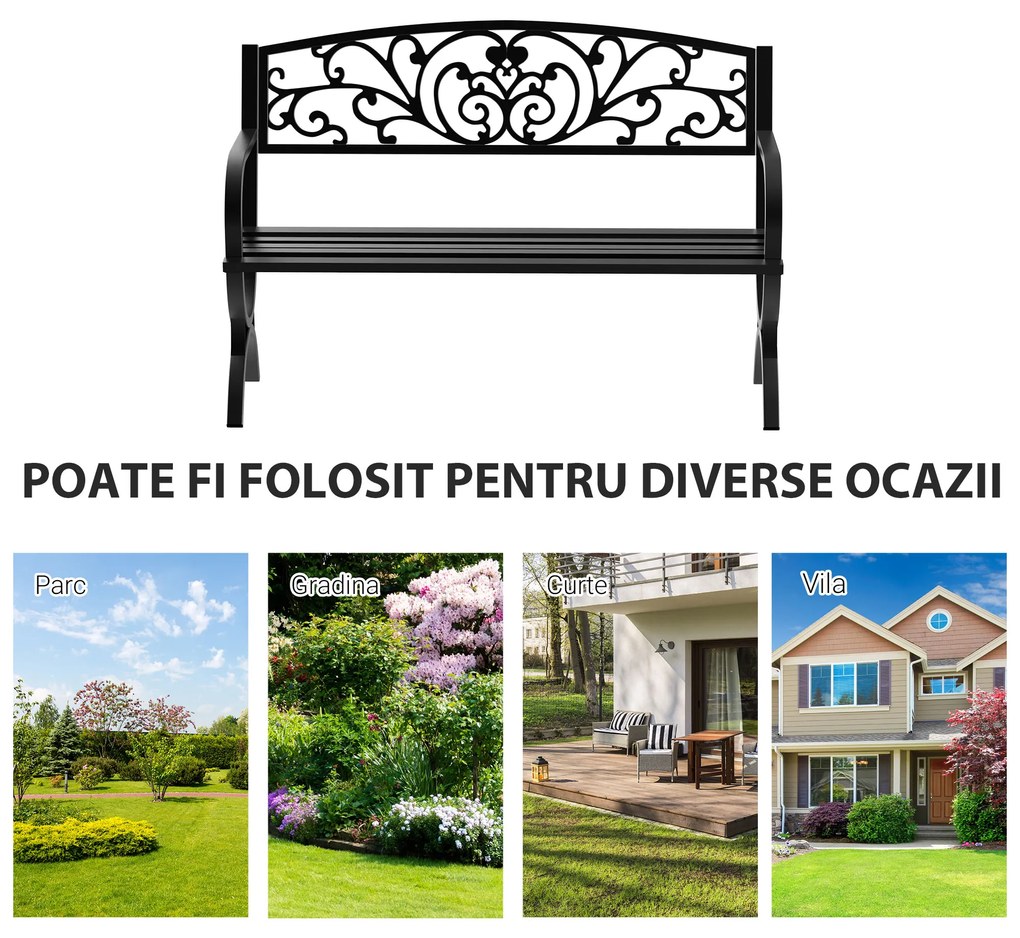 Banca pentru gradina Outsunny din fonta prelucrata, Negru, 127x60x85cm | Aosom Romania