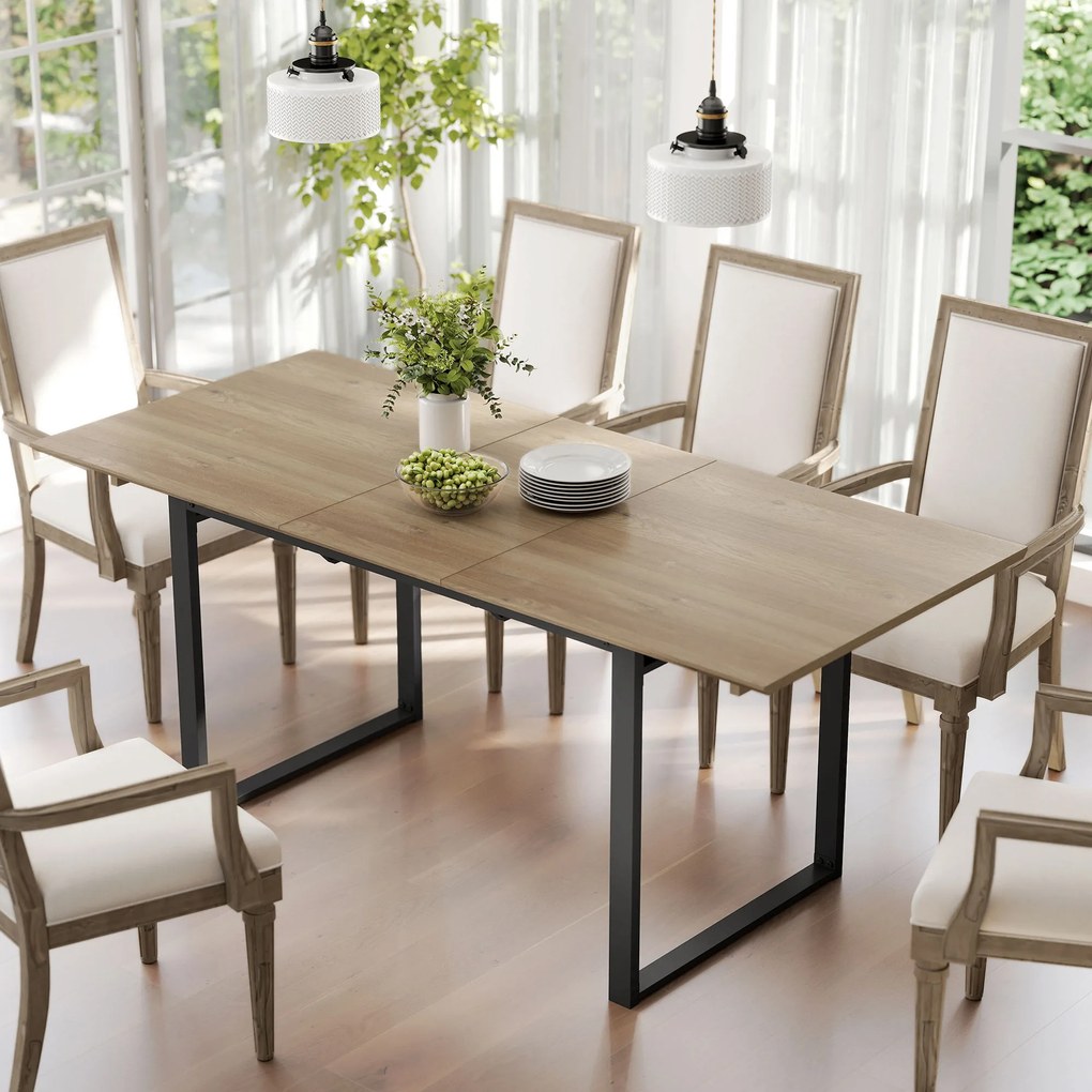 HOMCOM Masă de Luat Masa Extensibilă pentru 6-8 Persoane cu Panouri Detașabile, 140-180cm Masă Rectangulară Extensibilă cu Bază din Oțel, Stil Industrial, pentru Sufragerie, Culoare Lemn | Aosom Romania