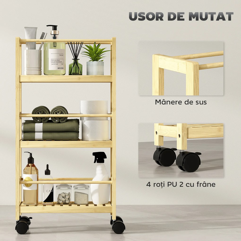 HOMCOM Cărucior de Baie cu 3 Niveluri cu Lamele și Roți 36x15x73 cm Culoare Lemn | Aosom Romania
