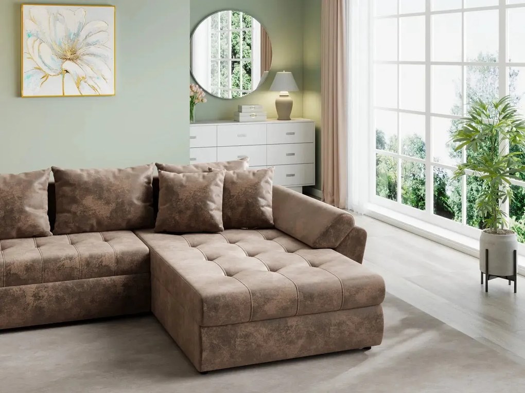 Colțar extensibil dumonde cu ladă de depozitare si sezut confortabil din spuma high-density, Loana U Madagaskar Brown 355x185 cm