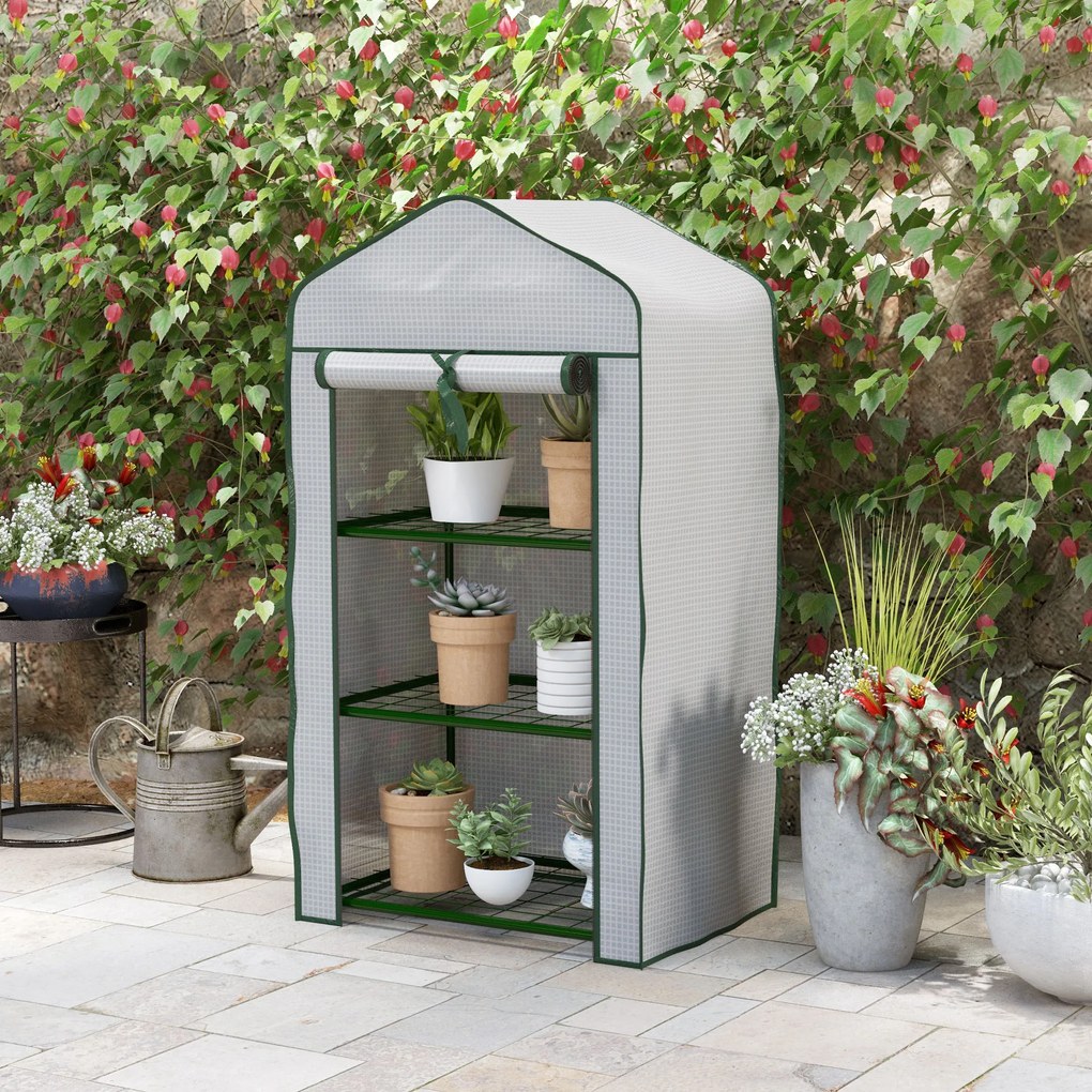 Outsunny Mini Seră pe 3 Nivele cu Acoperiș PE Întărit, Seră Portabilă cu Ușă Rulantă și Rafturi din Sârmă, 59x39x127 cm, Alb | Aosom Romania