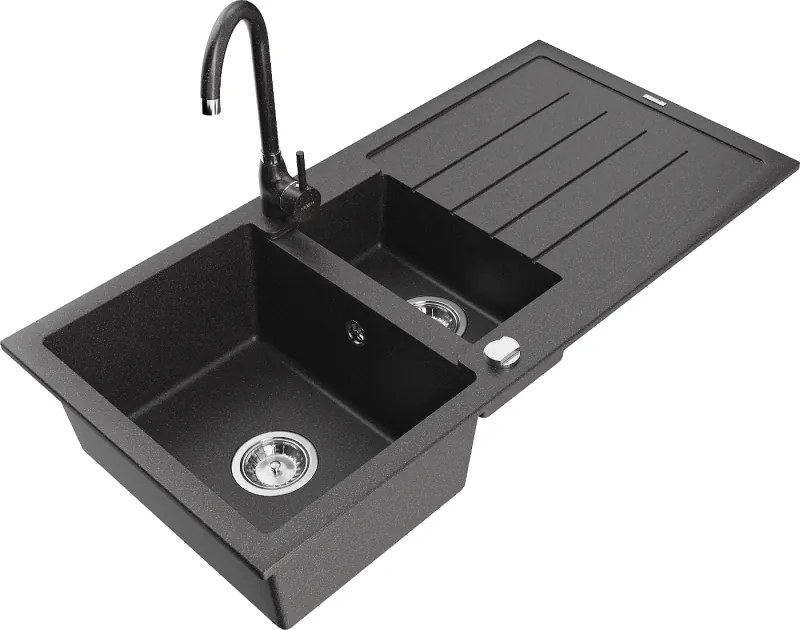 Mexen Andres chiuvetă de granit cu 1,5 cuve, cu scurgător și baterie de bucătărie Telma, negru cu pete - 6515-76-670200-76