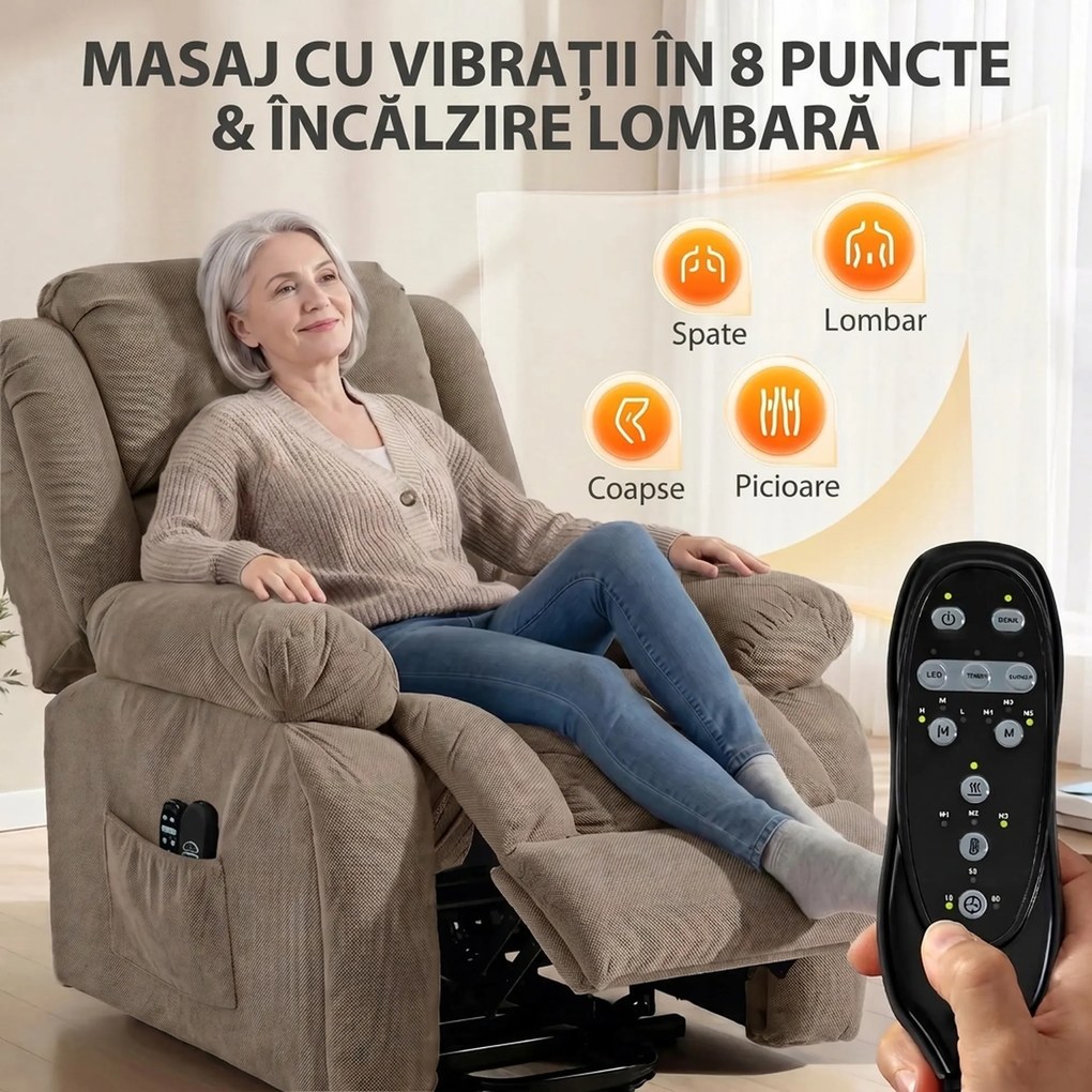 HOMCOM Fotoliu electric cu ridicare asistată, reclinabil 150°, șezut lat, cu masaj și încălzire, catifea, maro deschis | Aosom Romania