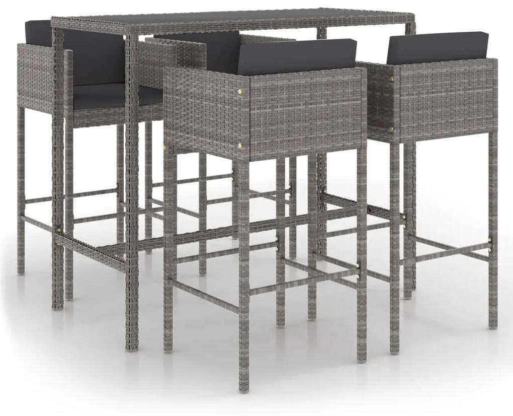 Set mobilier bar de gradina cu perne, 5 piese, gri, poliratan Gri, 130 x 60 x 110 cm, 5